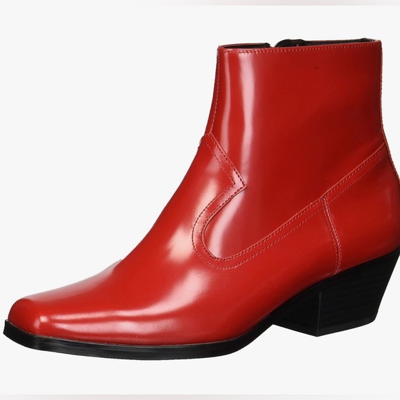 Calvin Klein Womens Red Leather Ankle Boots 7.5 Square Toe Western Block Heel - Picture 1 of 14